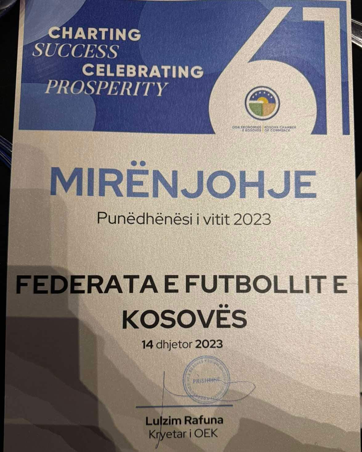 Federata e Futbollit e Kosovës nderohet me çmimin “Punëdhënësi i vitit 2023”